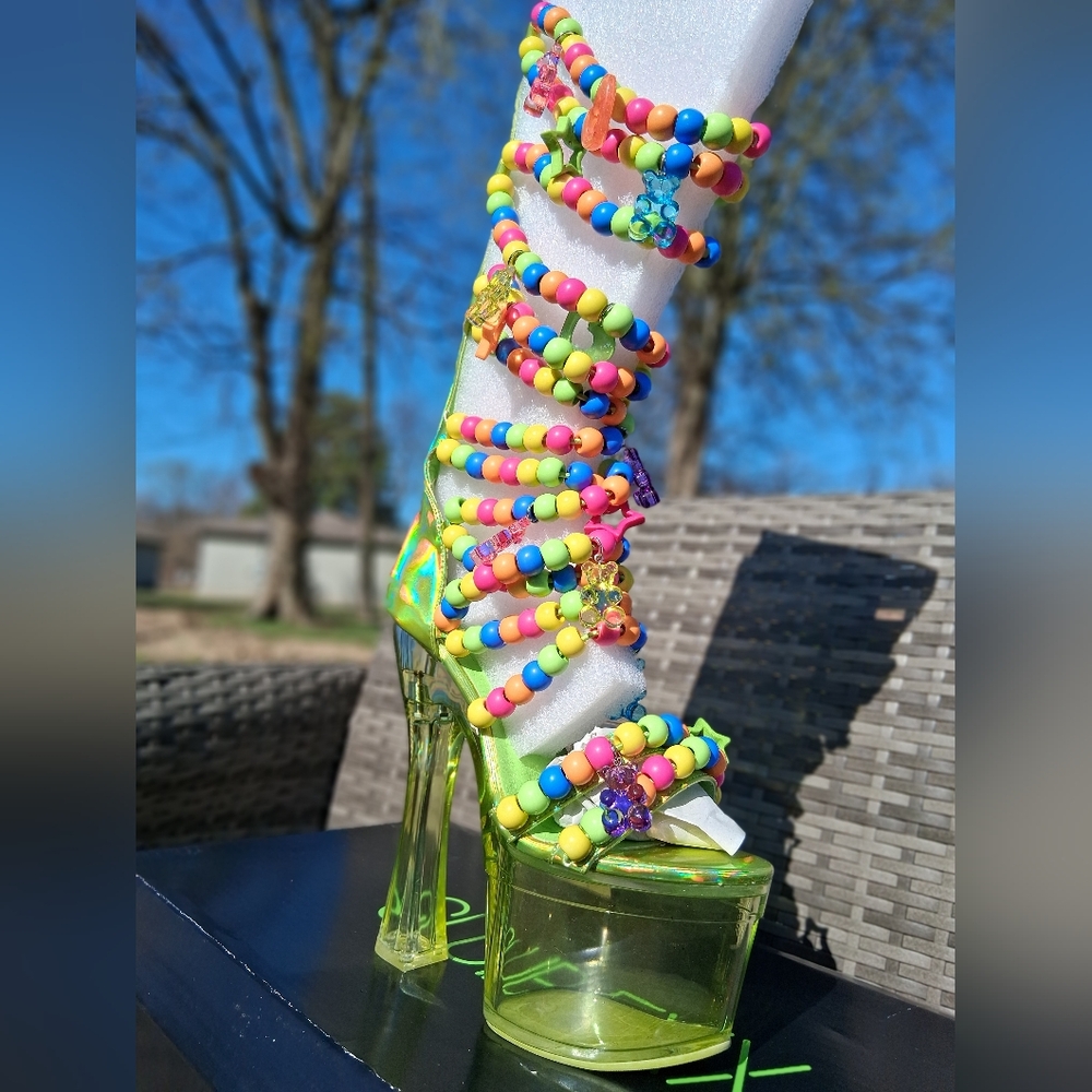CLUB EXX® Beaded Holographic Clear Platform Rave Heels w/ Charms | Size 7 - Picture 2 of 10